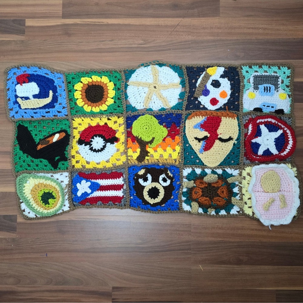 Handmade Crochet Granny Square Afghan Blanket Eclectic Pop Culture Mixed Themes